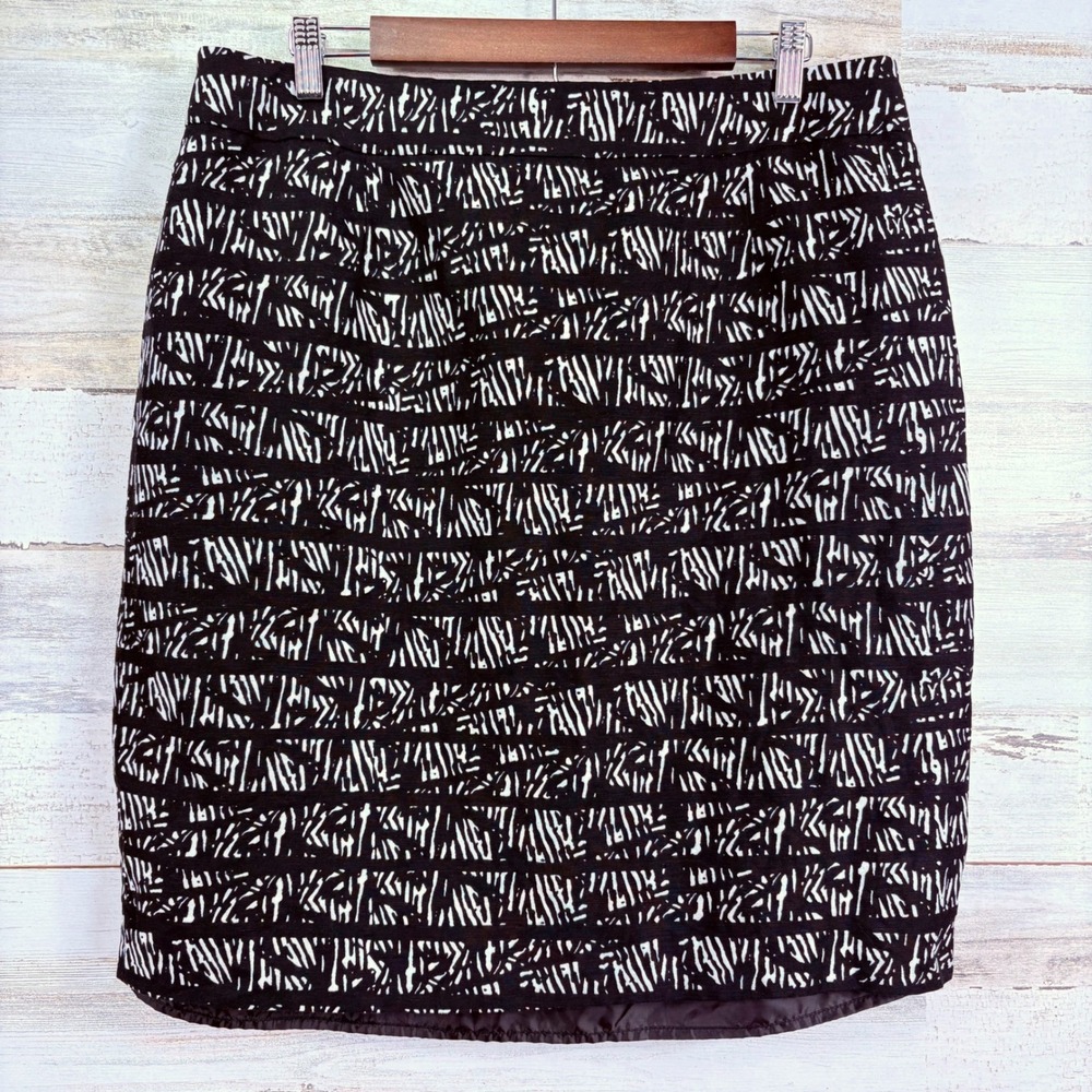 Calvin Klein Black White Abstract Print Pencil Skirt Womens Size 16 Linen Blend